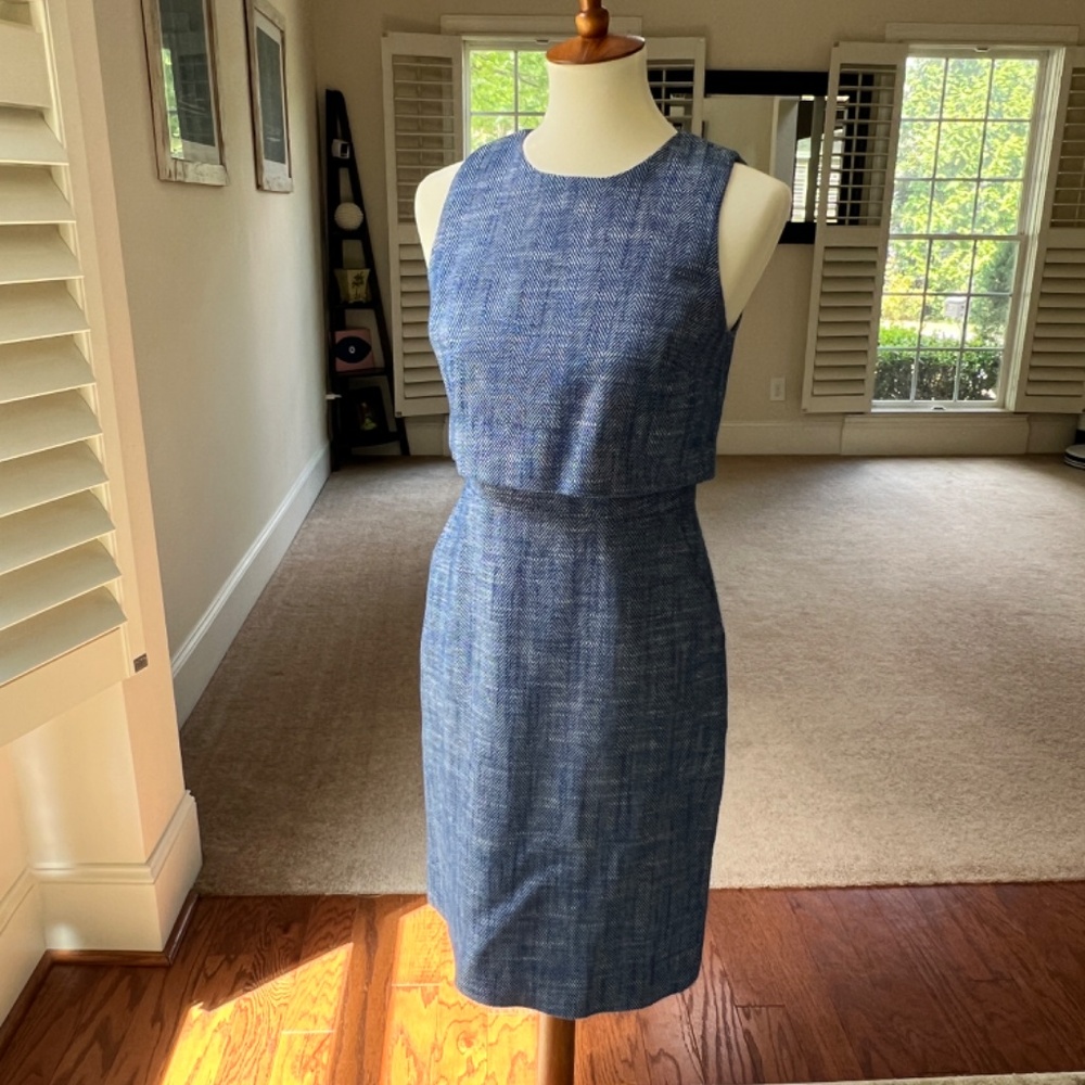 Women's Dress J. Crew Size 2 Blue/White Sleeveless Sheath Pockets Knee Length
